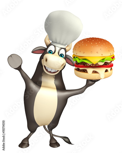 Bull cartoon character with chef hat and burger © visible3dscience