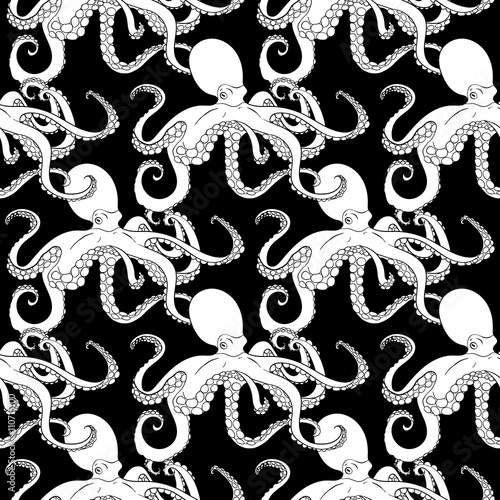 Detailed seamless pattern with octopus. 