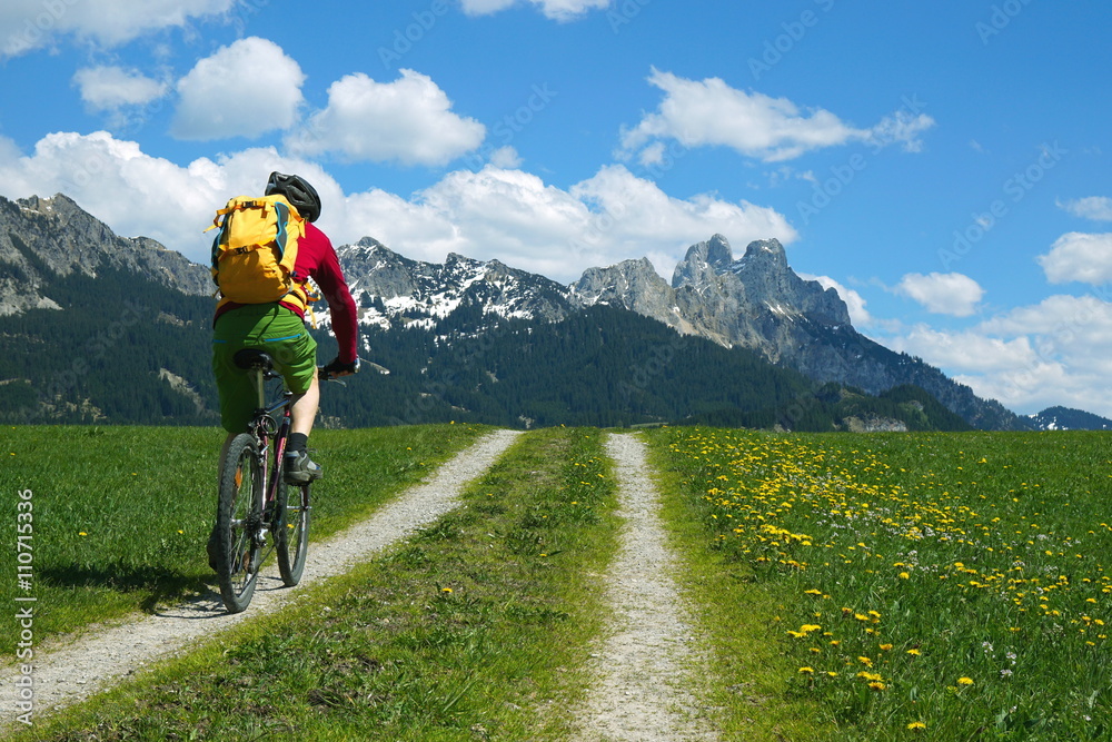 Mit Farhrrad,  MTB auf Feldweg in den Alpen