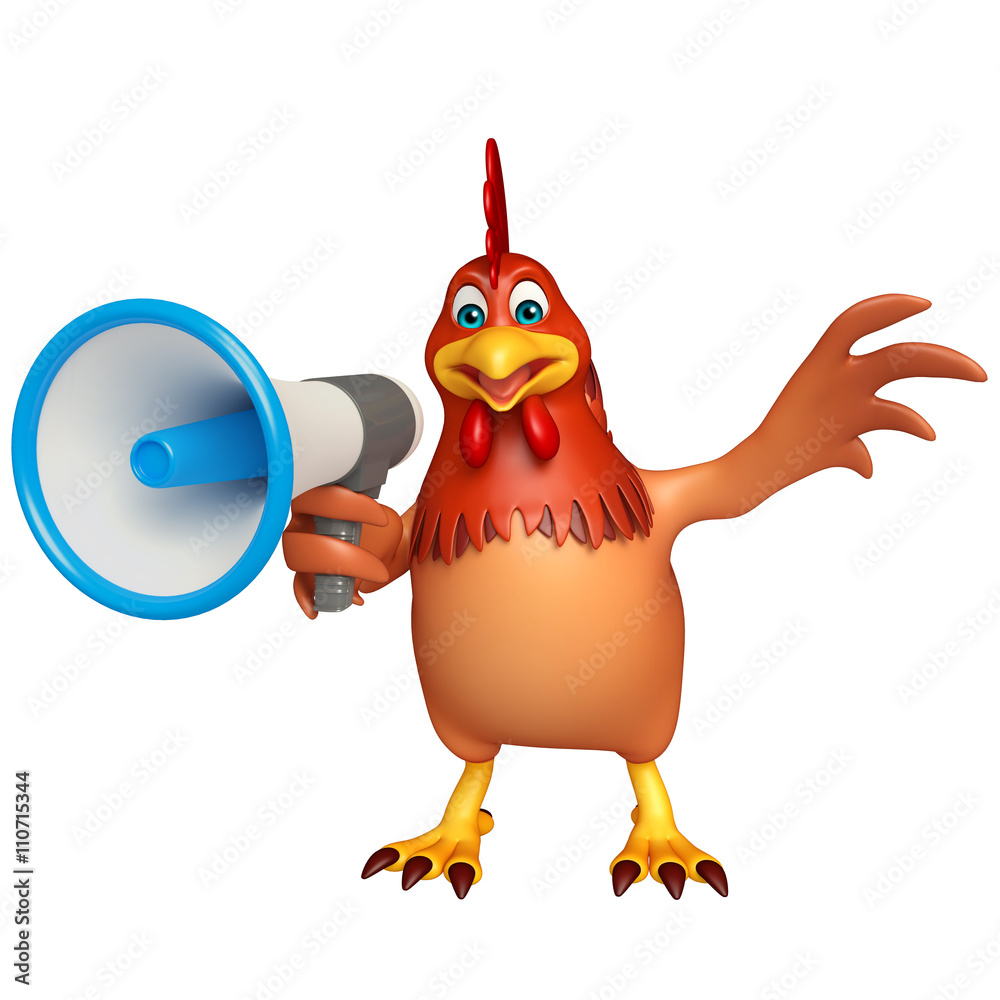 Naklejka premium 3d rendered illustration of Hen cartoon character with loud speaker