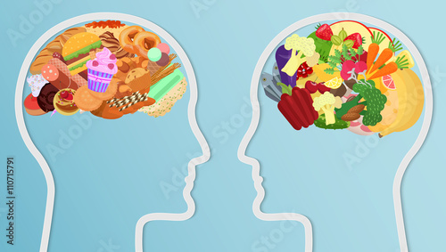 Health and unhealth Food eat in brain. Human head silhouette Diet choice healthy lifestyle concept.