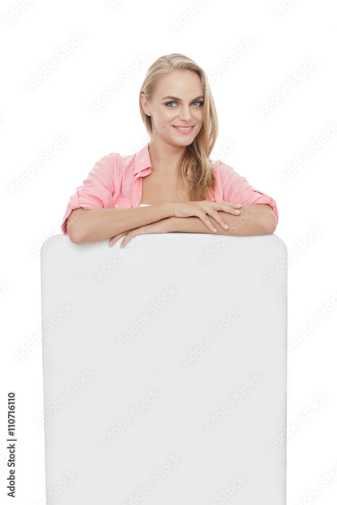 beautiful blonde woman with blank white board beautiful blonde woman with blank white board