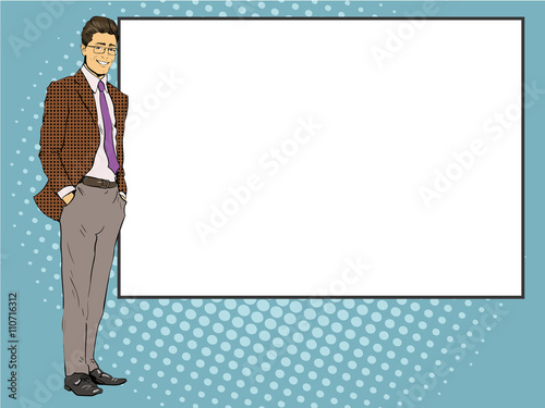Businessman stays next to blank white board. Pop art comics retro style vector illustration. Put your own text