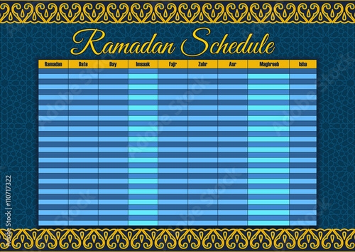 Ramadan Calendar Schedule - Fasting, Iftar and Prayer time table Guide. Translation: Holy Ramadan. Morning, Sunrise, Noon, Afternoon, Evening, Night photo