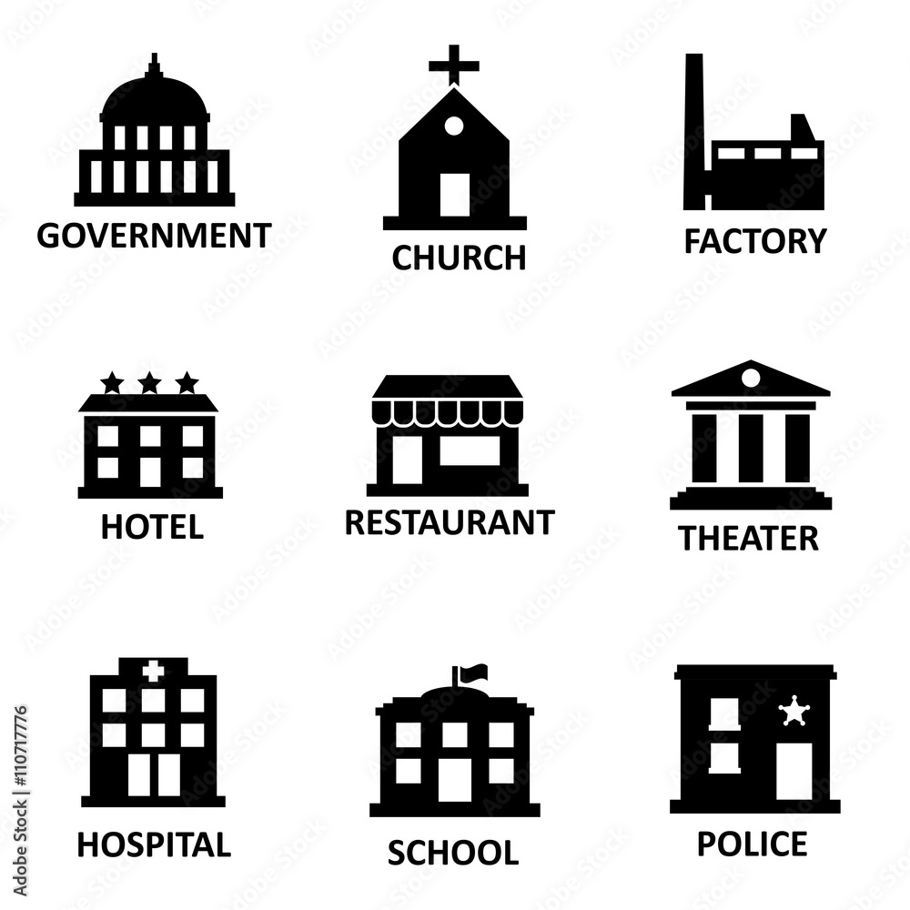 Vector black government building icons set