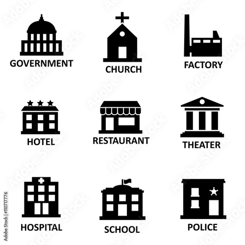 Vector black government building icons set