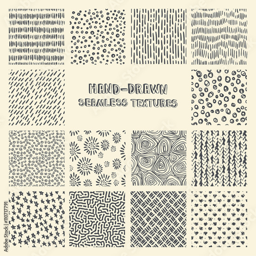 Set of hand drawn marker and ink seamless patterns