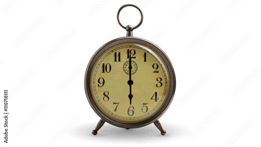 Looping timelapse of vintage clock over 12 hours. Isolated on white background 
