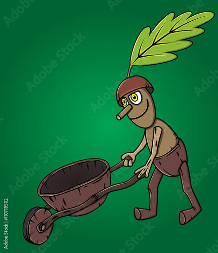 forest man oak leaf pushing wooden handcart photo