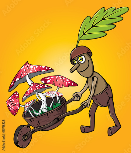 forest oak man picking mushrooms autumn season design
