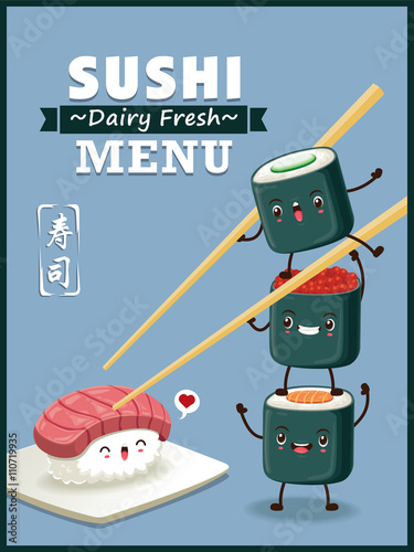 Vintage Sushi poster design with vector sushi character. Chinese word means sushi.