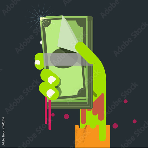 bank note in zombie hand. Selfish Money concept - vector