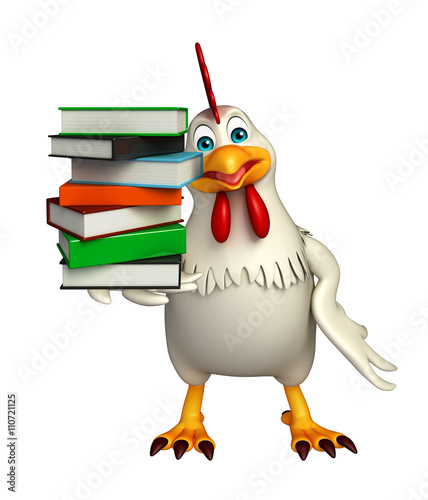 cute Hen cartoon character with books