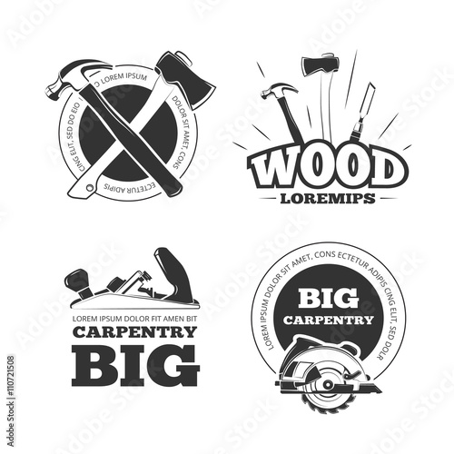 Vintage carpentry vector labels, emblems, badges and logos set. Carpentry emblem and label, tool for carpentry industry illustration