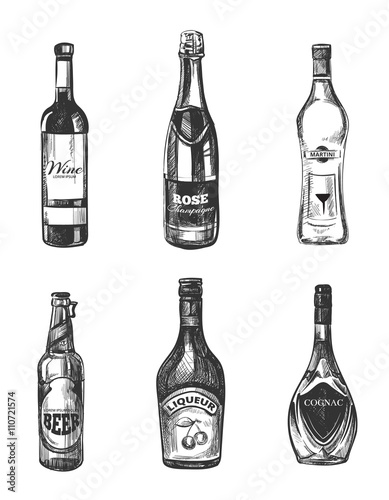 Alcoholic drinks in sketch hand drawn style. Alcohol drink for  restaurant menu, hand drawn bottle alcohol. Vector illustration
