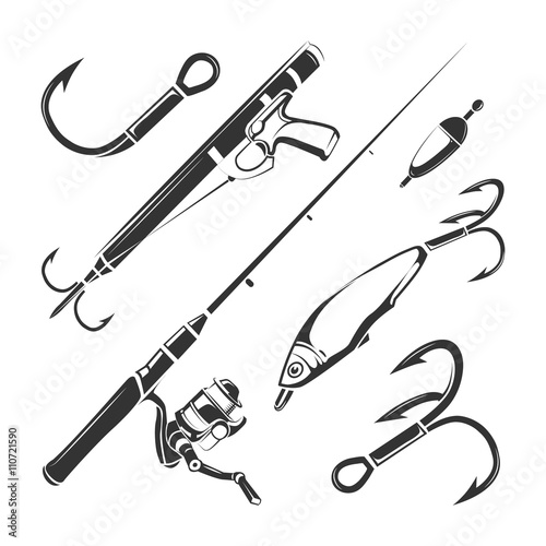 Vector elements for vintage fishing club vector labels, logos, emblems set. Fishing rod for sea or river catch fish and outfit for fishin illustration