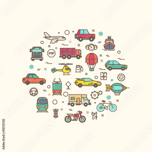 Vehicle and transport icons in circle design. Transportation vector concept with thin line style icons. Vehicle transport composition, bicycle lorry and bus for road travel transport illustration