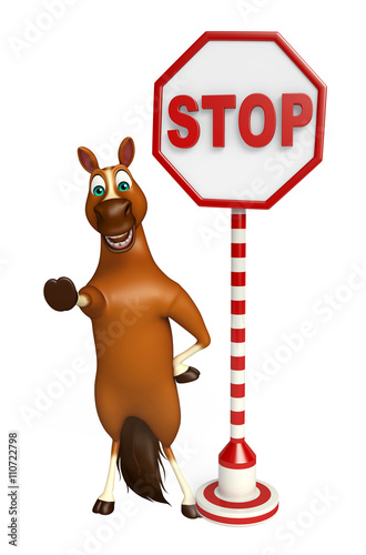 Fototapeta Naklejka Na Ścianę i Meble -  fun Horse cartoon character  with stop sign