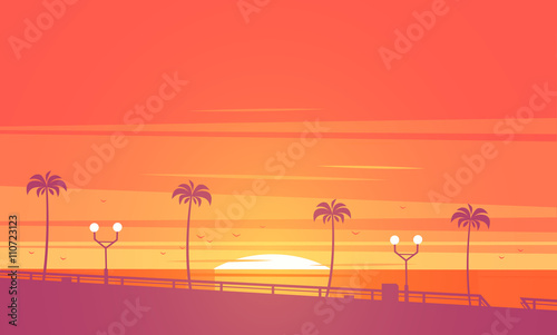 Sunset beach. Vector illustration.