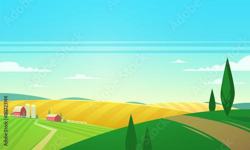 Summer landscape with farmhouse. Vector illustration.