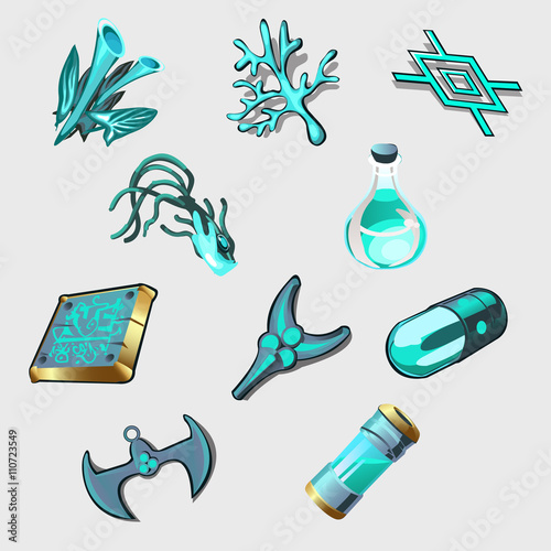 Set of plants, artifacts and symbols in blue color