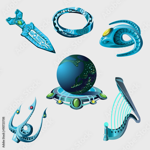 Globe, weapon and elements from sci-Fi series 