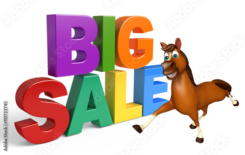 Fototapeta Naklejka Na Ścianę i Meble -  fun Horse cartoon character with bigsale sign