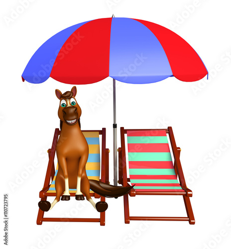 Fototapeta Naklejka Na Ścianę i Meble -  cute Horse cartoon character with beach chair