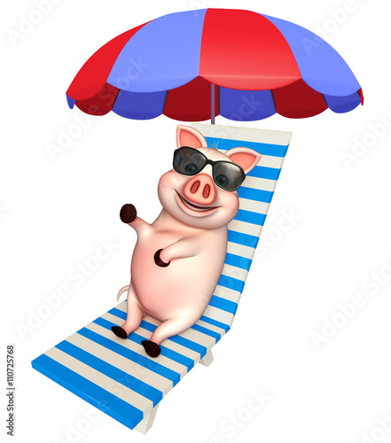 cute Pig cartoon character with sunglass and beach chair © visible3dscience