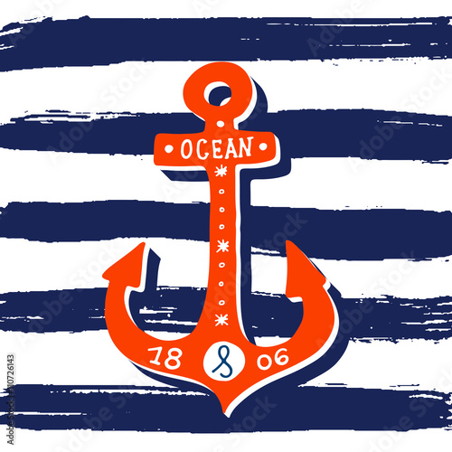 Hand drawn vintage anchor with lettering on a striped background