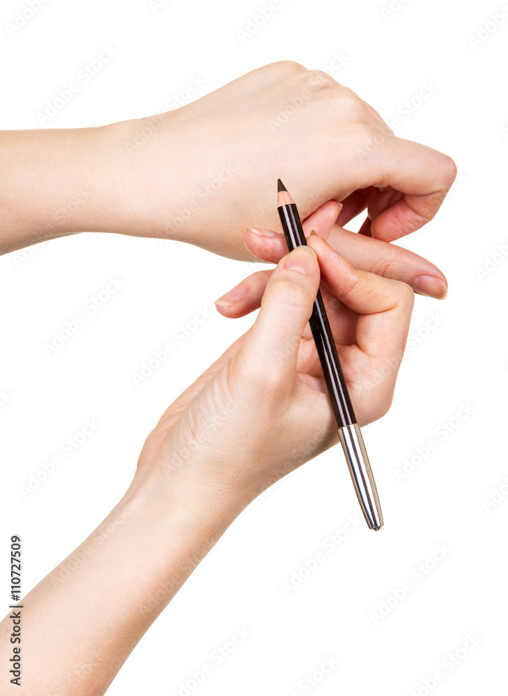 Black eyebrow pencil in hands women isolated on white background. Black eyebrow pencil in hands women isolated on white background.
