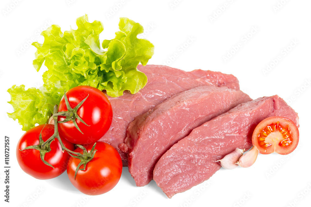 Chunks fresh beef, lettuce and tomatoes isolated on white background. Chunks fresh beef, lettuce and tomatoes isolated on white background.