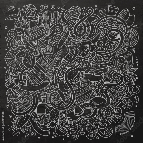 Cartoon hand-drawn doodles Latin American illustration. Line art