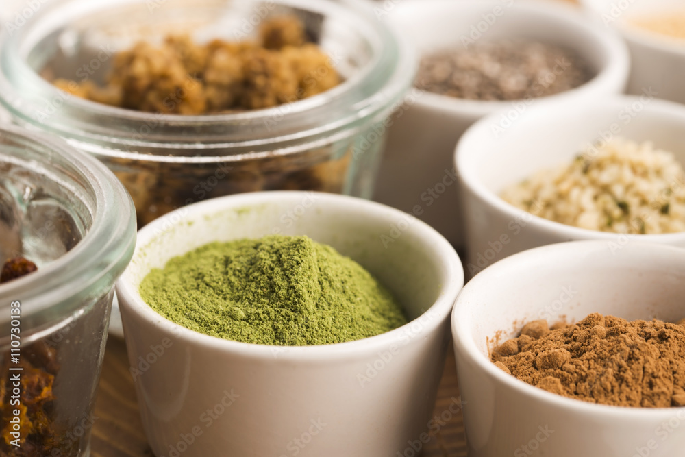 bowls of various superfoods bowls of various superfoods