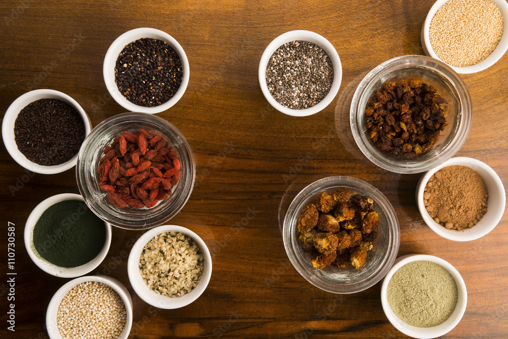 bowls of various superfoods