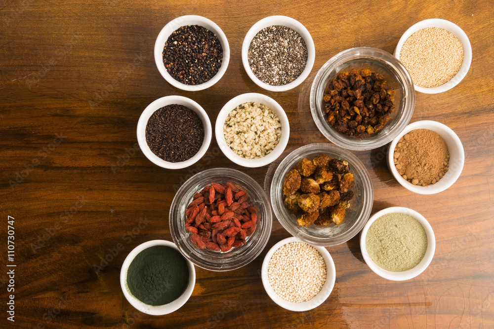 bowls of various superfoods