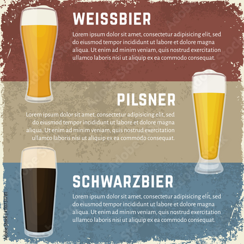 Vintage craft beer banners in dirty grunge style. Vector illustration of German beer styles. Glasses of weissbier (wheat beer), schwarzbier (black lager) and pilsner lager. photo
