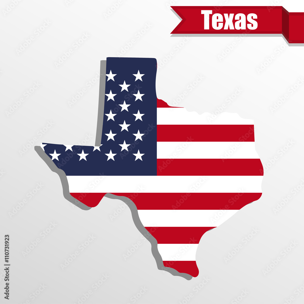 Texas State map with US flag inside and ribbon Texas State map with US flag inside and ribbon