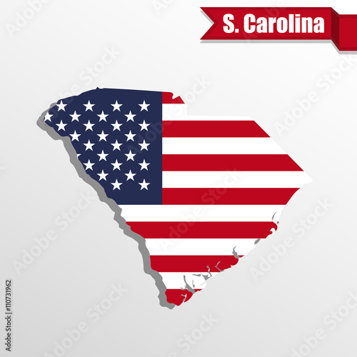 South Carolina State map with US flag inside and ribbon