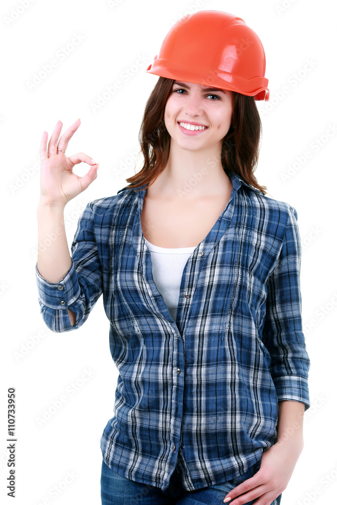 Happy woman in builder uniform Happy woman in builder uniform