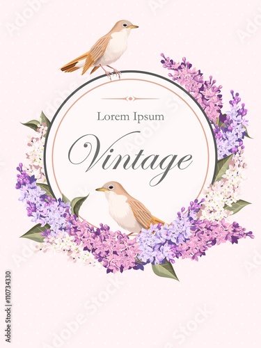 Vintage card with lilac and birds