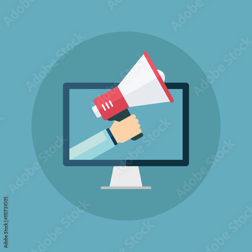 Male hand holding megaphone coming out from desktop computer. Concept for digital marketing, promotion and advertising. Flat design vector illustration.