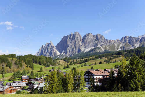 Alpine resort in the Dolomites near Cortina d'Ampezzo. The Pomagagnon mountain in the background. SouthTyrol, Italy, Europe, sept. 2015