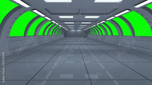 3d render interior. Futuristic hallway. Interior concept design and green background