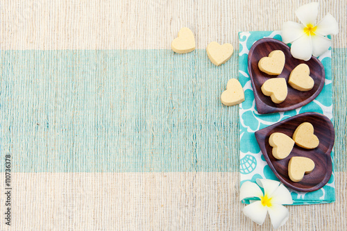 Handmade heart shape cookies on wooden 