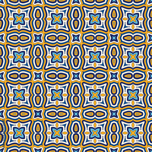 Bright ethnic abstract background. Seamless pattern with symmetric geometric ornament.