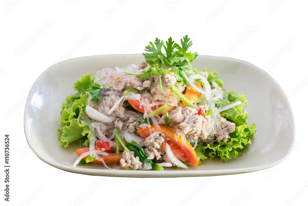 Spicy pork vermicelli salad on white background Spicy pork vermicelli salad on white background