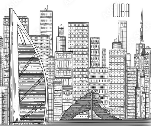 Dubai. Black and white cityscape in line art style. Vintage vector illustration