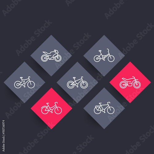 Bikes linear icons on rhombic shapes, bicycle vector sign, bike, cycling, motorcycle, motorbike, fat bike, electric bike, vector illustration