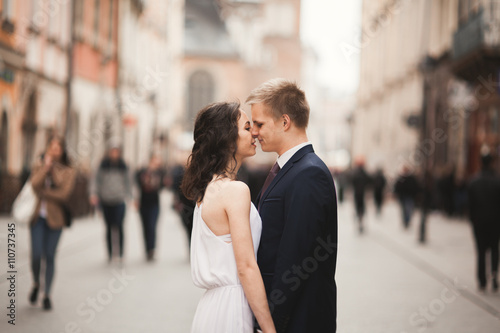 Gorgeous wedding couple, bride, groom kissing and hugging standing in the crowd